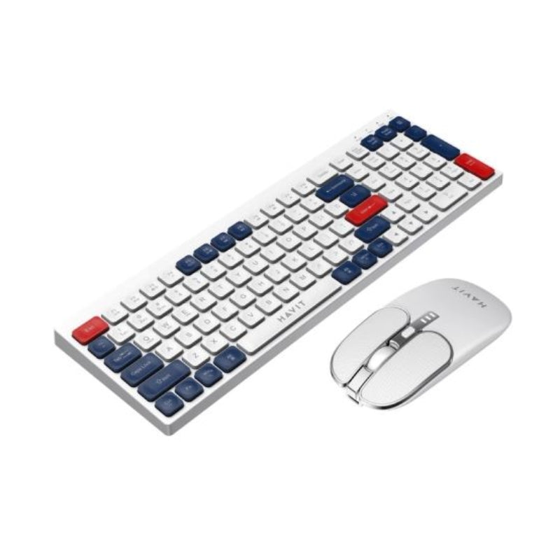 طقم كيبورد وماوس هافيت اللاسلكي (Havit) - الموديل KB830WB شحن مدمج واتصال مزدوج: حزمة مكتبية بيضاء وأنيقة