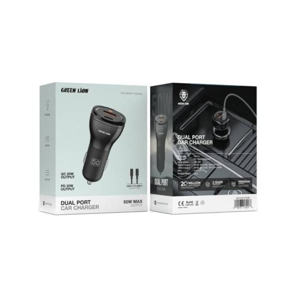 Green Lion Dual Port Car Charger 50W (PD 30W + QC 20W) USB-C to USB-C Cable 1M Black