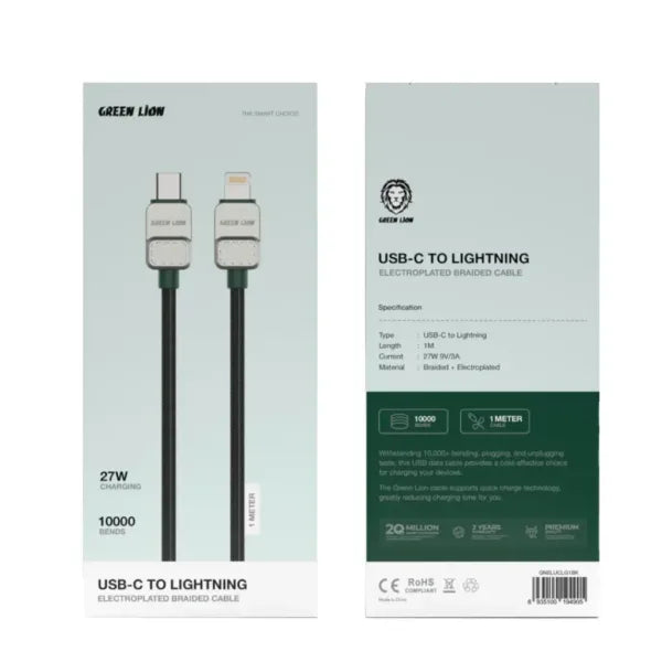 Green Lion USB C to Lightning Electroplated Braided Cable 1m 27W Black + Green