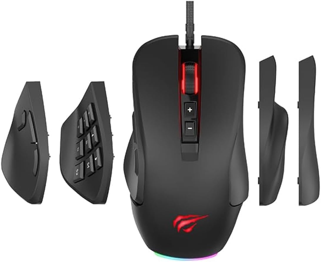 ماوس الألعاب Havit MS900 السلكي (RGB) دقة  12,000DPI ، لوحة جانبية قابلة للاستبدال، ونظام وزن مخصص