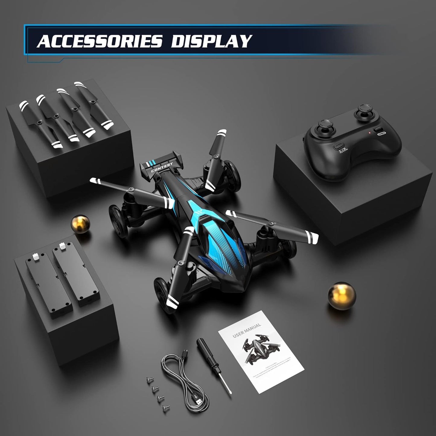 السيارة الطائرة 2 في 1 (درون وسيارة) - لعبة رباعية المراوح بوضعين للقيادة والطيران مع بطاريتين