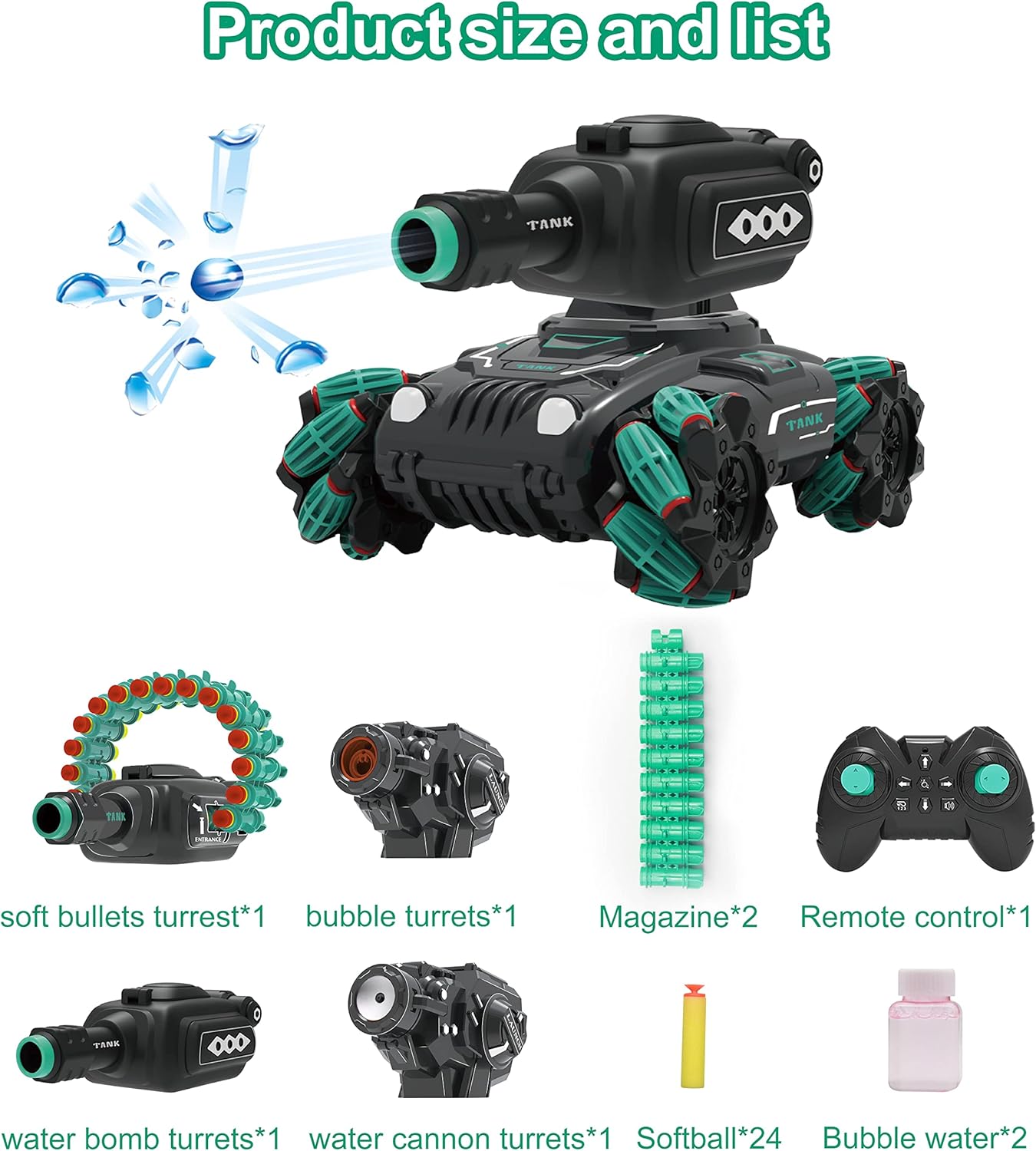 دبابة المعارك 4 في 1 بريموت كنترول - سيارة دفع رباعي تطلق خرز الجل، الفقاعات، والأسهم