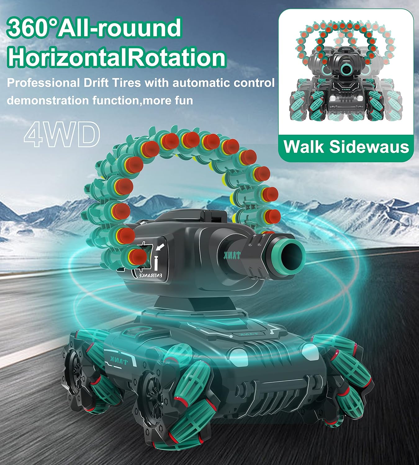 دبابة المعارك 4 في 1 بريموت كنترول - سيارة دفع رباعي تطلق خرز الجل، الفقاعات، والأسهم