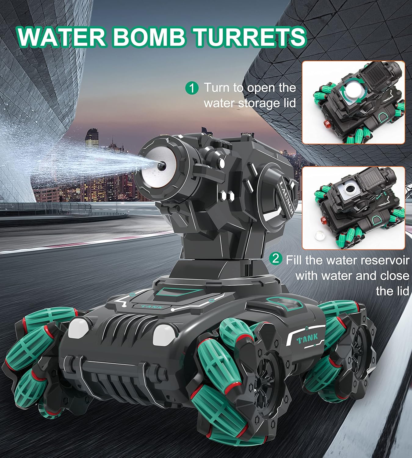 دبابة المعارك 4 في 1 بريموت كنترول - سيارة دفع رباعي تطلق خرز الجل، الفقاعات، والأسهم