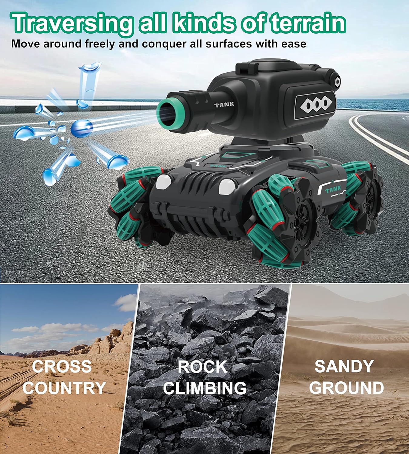 دبابة المعارك 4 في 1 بريموت كنترول - سيارة دفع رباعي تطلق خرز الجل، الفقاعات، والأسهم