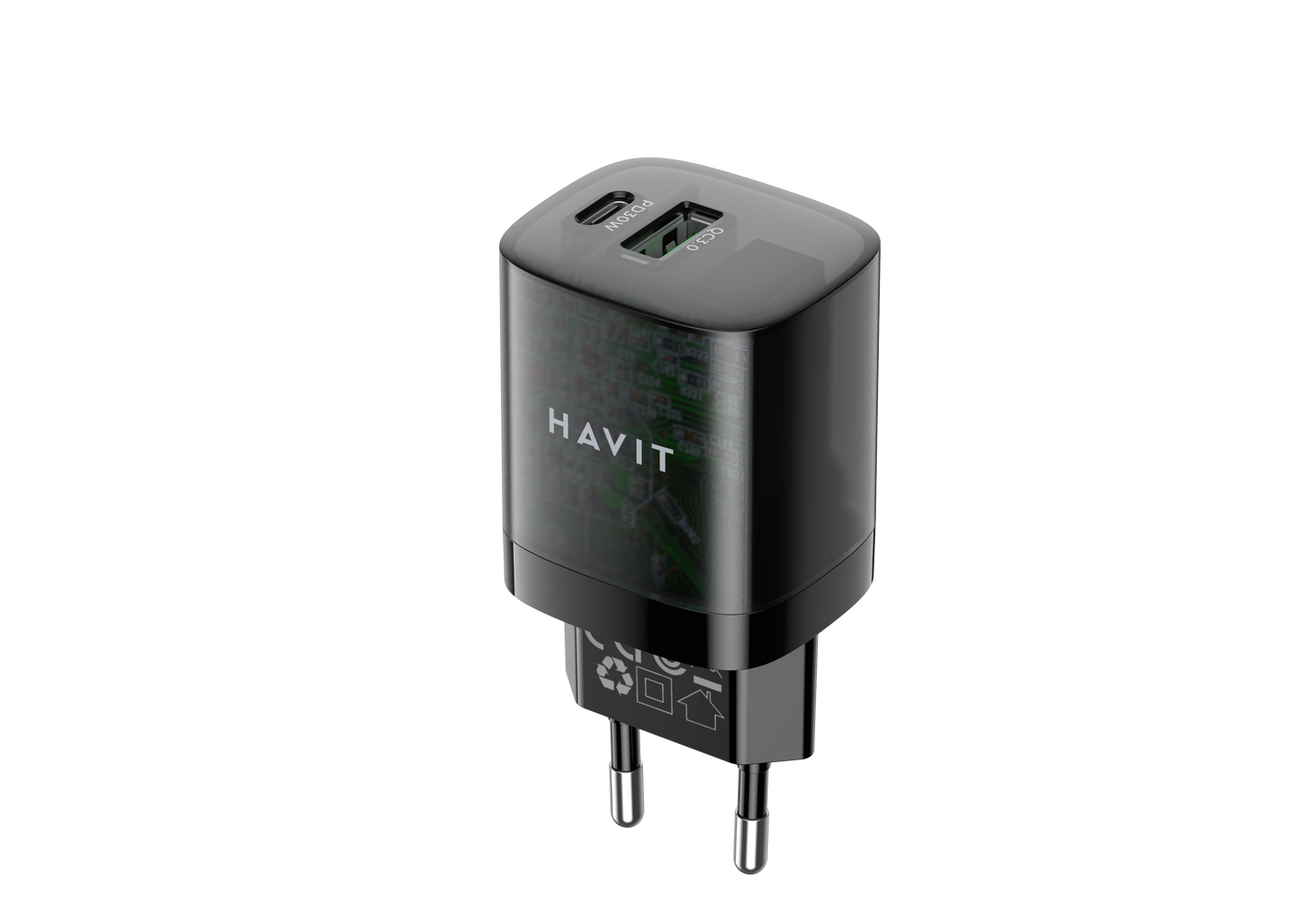 شاحن هافيت للسفر (Havit) - الموديل UC303 قوة 30 واط وشحن ثنائي لجميع الأجهزة بتصميم أوروبي