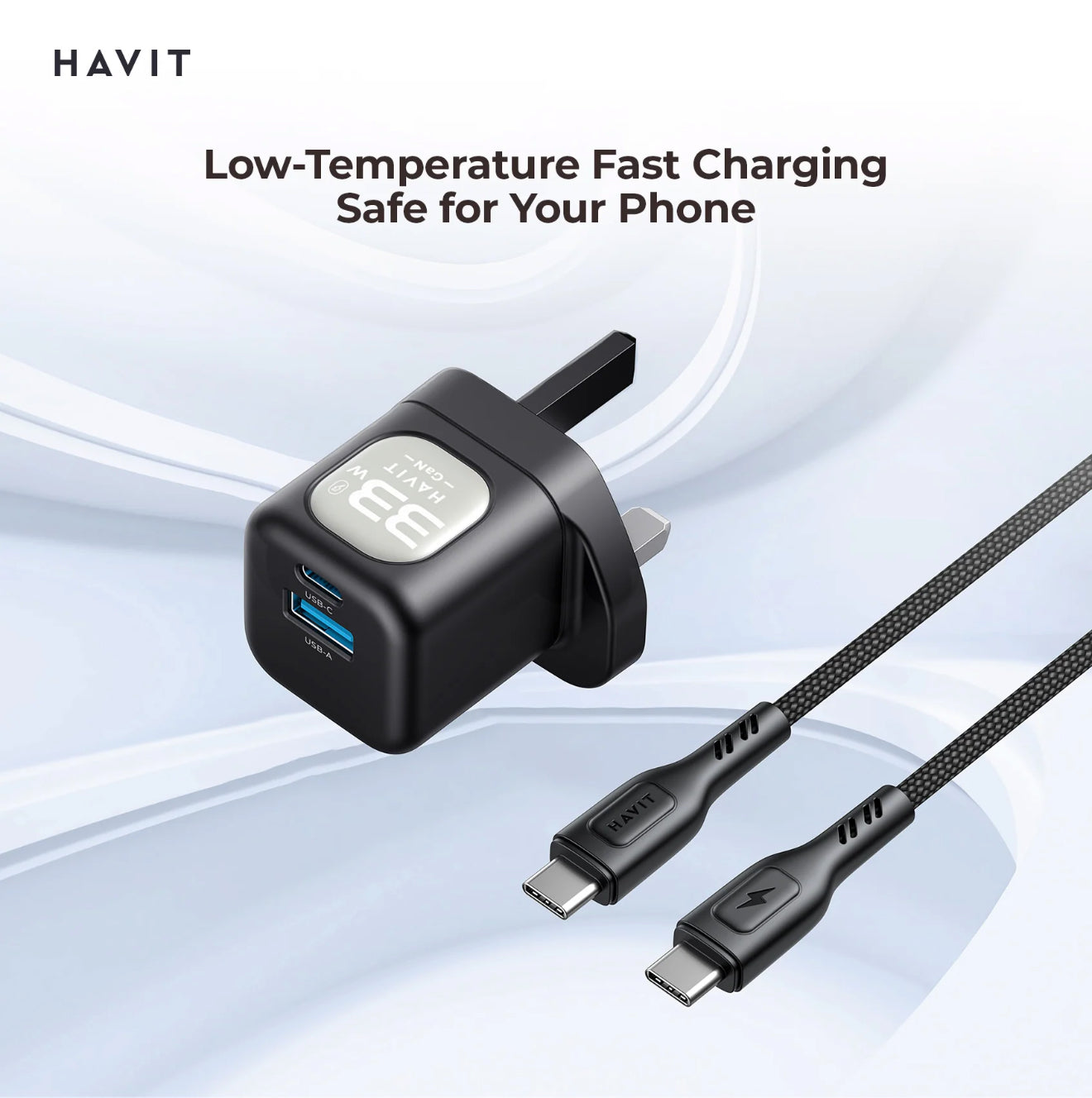 HAVIT 33W GaN Wall Charger UK Triple Port PD + QC With 60W C-to-C Cable شاحن 33 من هافيت