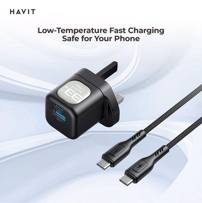 HAVIT 33W GaN Wall Charger UK Triple Port PD + QC With 60W C-to-C Cable شاحن 33 من هافيت