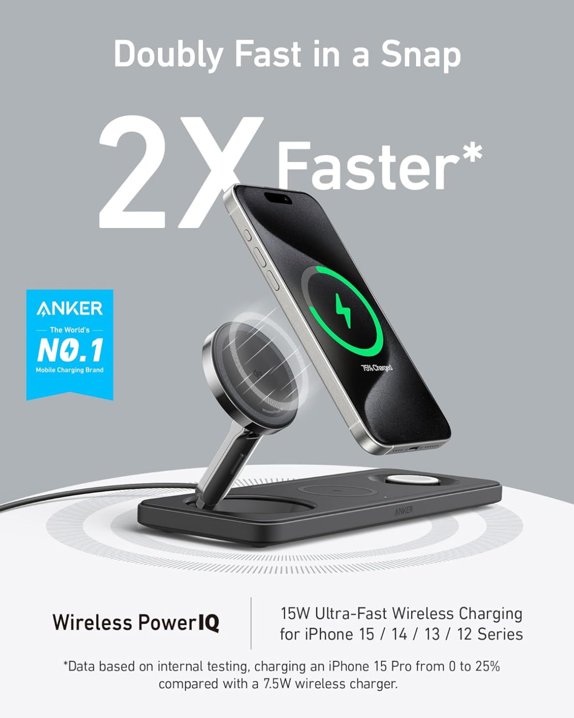 MagSafe Charger Compatible, Anker Foldable 3-in-1 Wireless Charging Station, Qi2 Certified 15W Ultra-Fast Charger