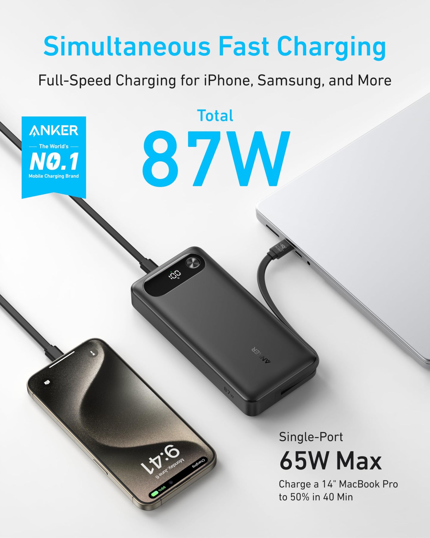 Anker Power Bank, 20,000mAh Portable Charger with Built-in USB-C Cable, 87W