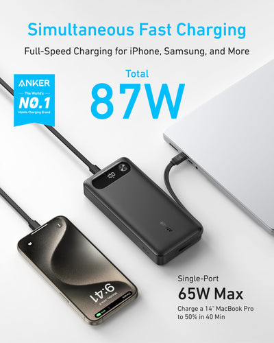 Anker Power Bank, 20,000mAh Portable Charger with Built-in USB-C Cable, 87W