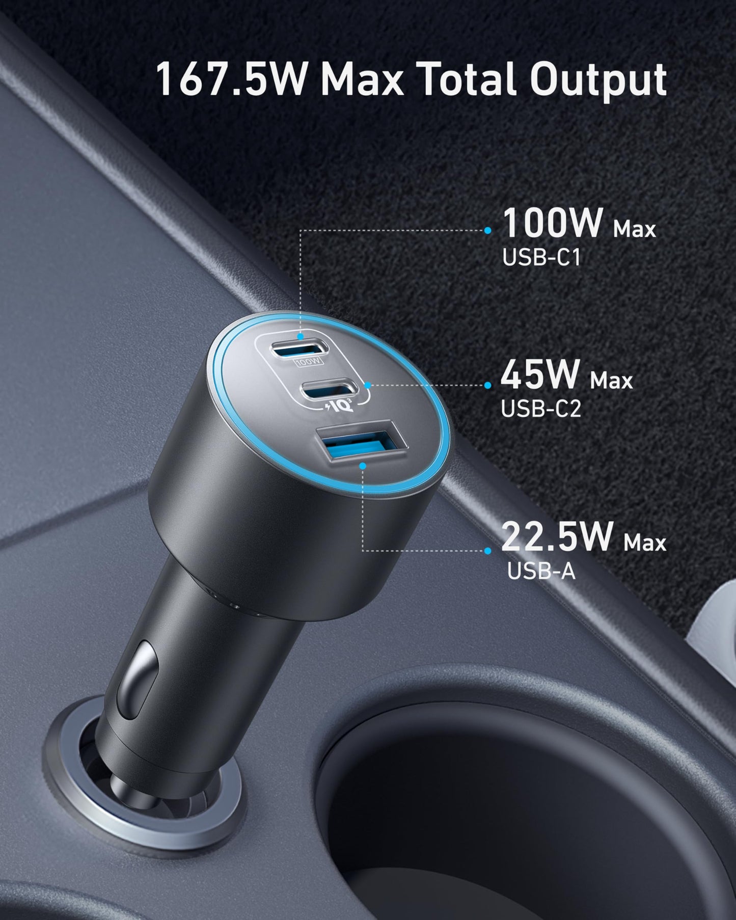 Anker Car Charger 3-Ports 167.5W with 3.3ft USB-C Cable