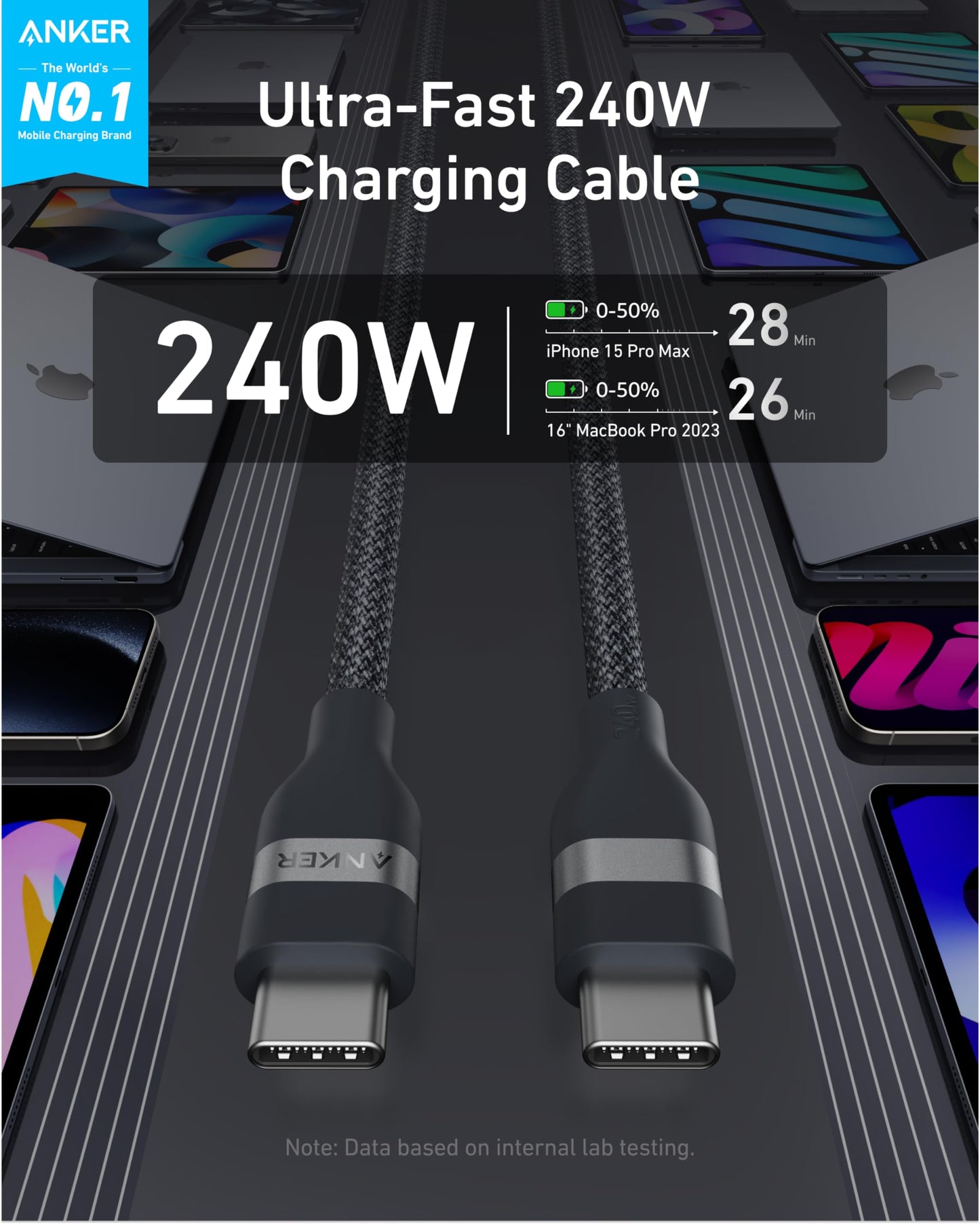 Anker Nano USB C Cable, 240W 3 ft Upcycled-Braided USB C to USB C black