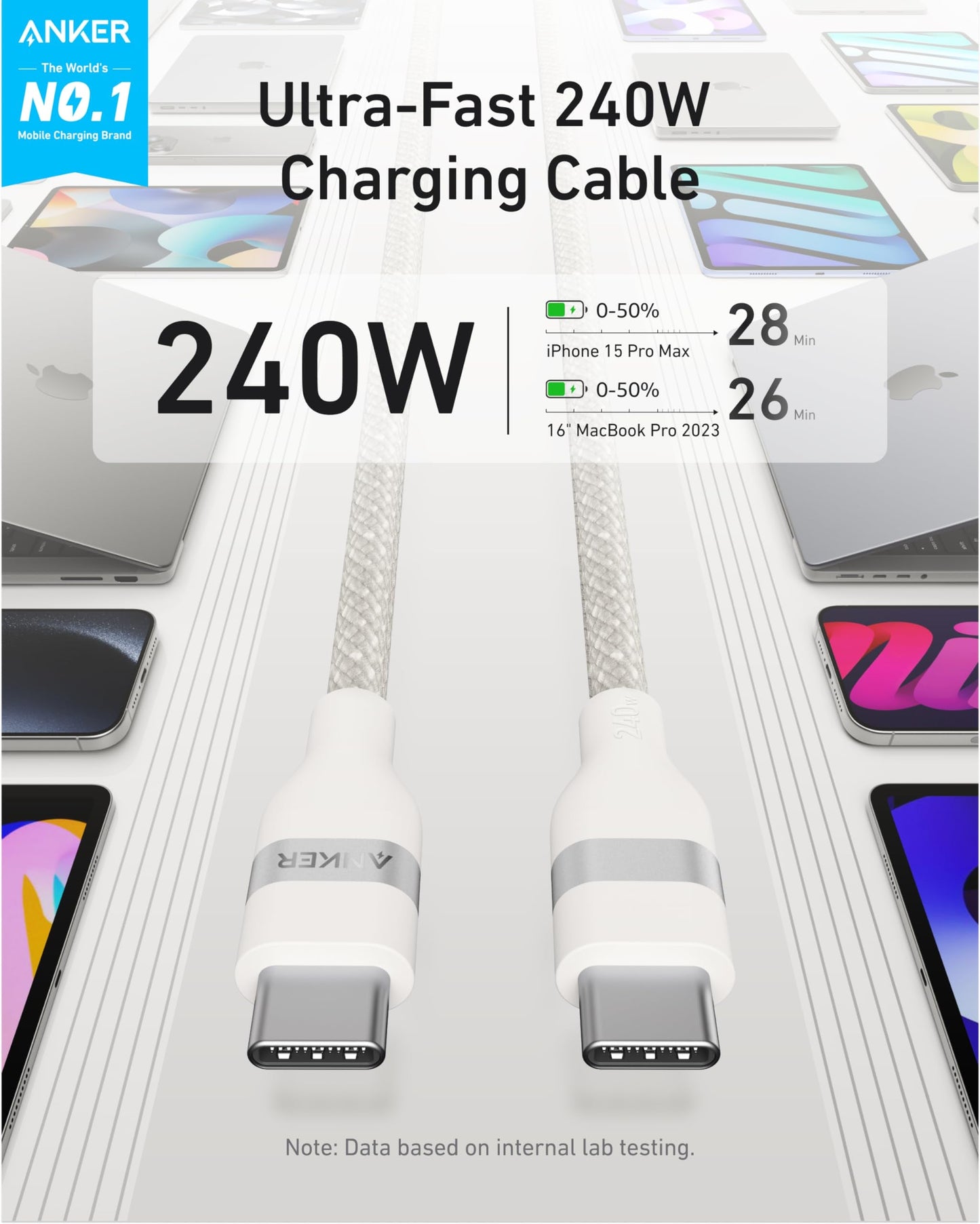 Anker Nano USB C Cable, 240W 3 ft Upcycled-Braided USB C to USB C