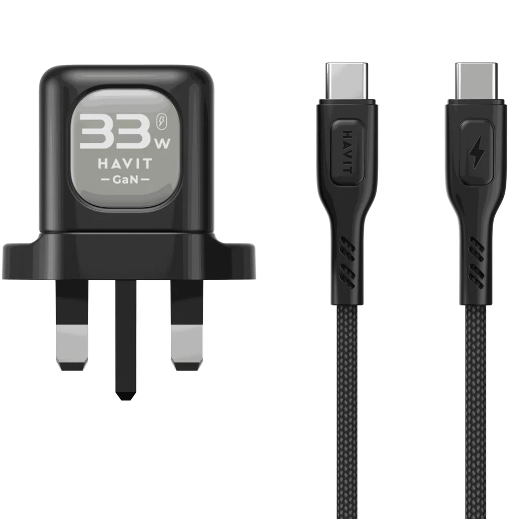 HAVIT 33W GaN Wall Charger UK Triple Port PD + QC With 60W C-to-C Cable شاحن 33 من هافيت