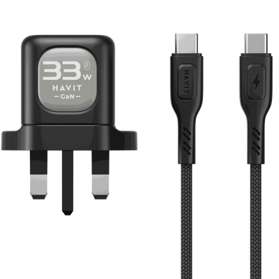 HAVIT 33W GaN Wall Charger UK Triple Port PD + QC With 60W C-to-C Cable شاحن 33 من هافيت