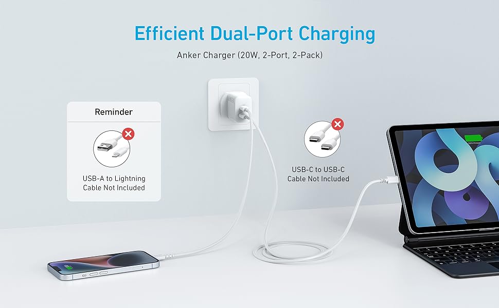 Anker USB C Plug, iPhone Charger, 20W Dual Port USB Fast Wall Charger بلك شحن ٢٠ واط