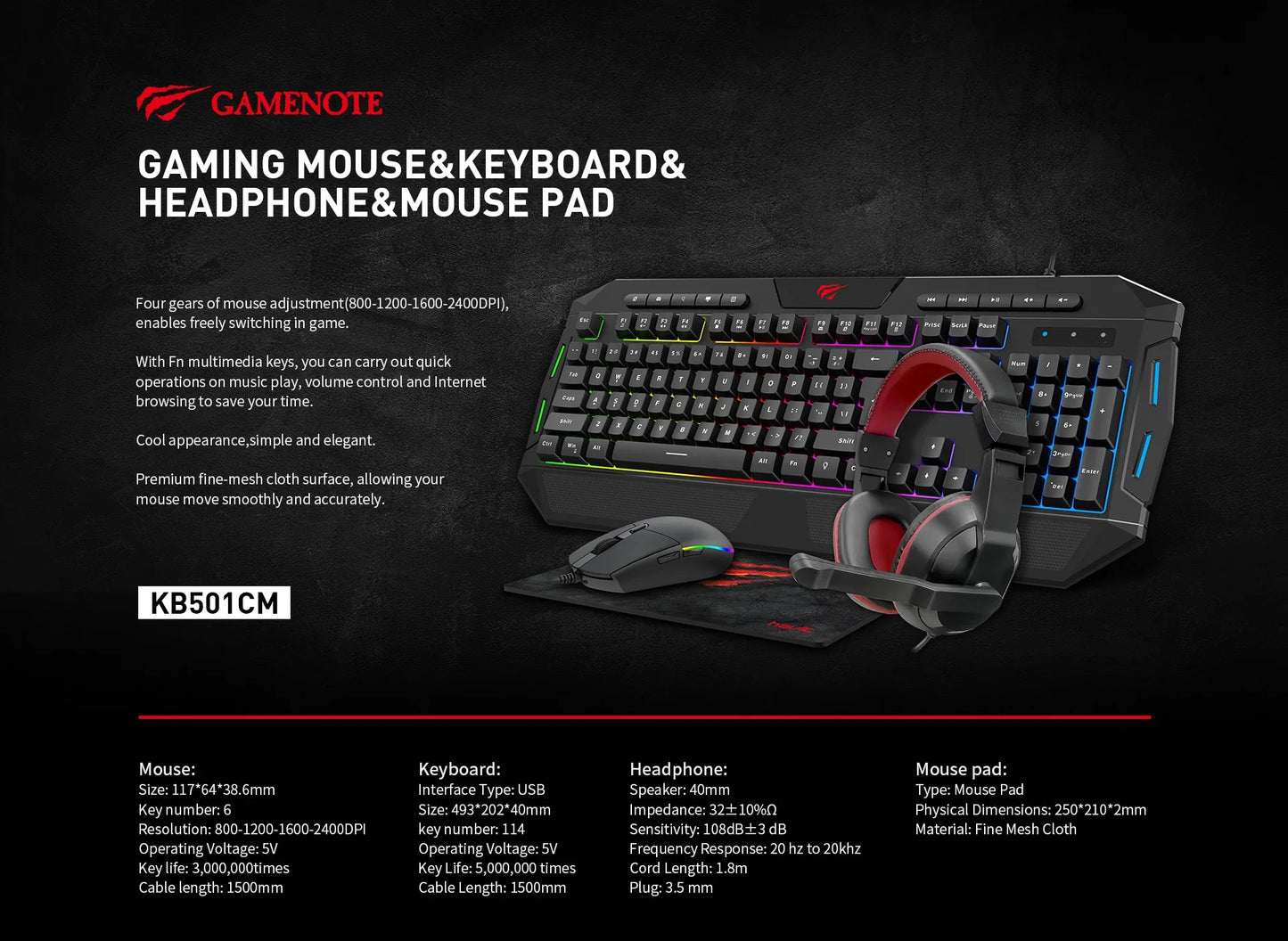 Havit KB501CM Gaming Combo 4 IN 1 (Keyboard + Mouse+ Headphone + Mouse Pad)