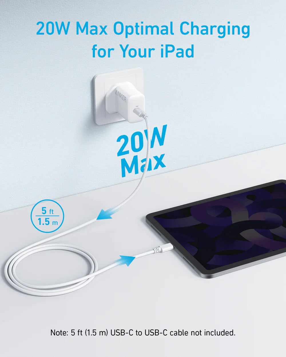 Anker USB C Plug 20W Ultra Fast Wall Charger For iPhone, iPad, iPod And More with cable