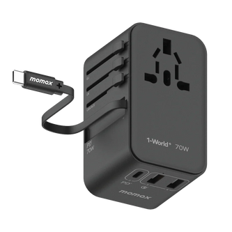 Momax 1-World+ 3-Port Travel GaN Charger With Built-in USB-C Cable 70W