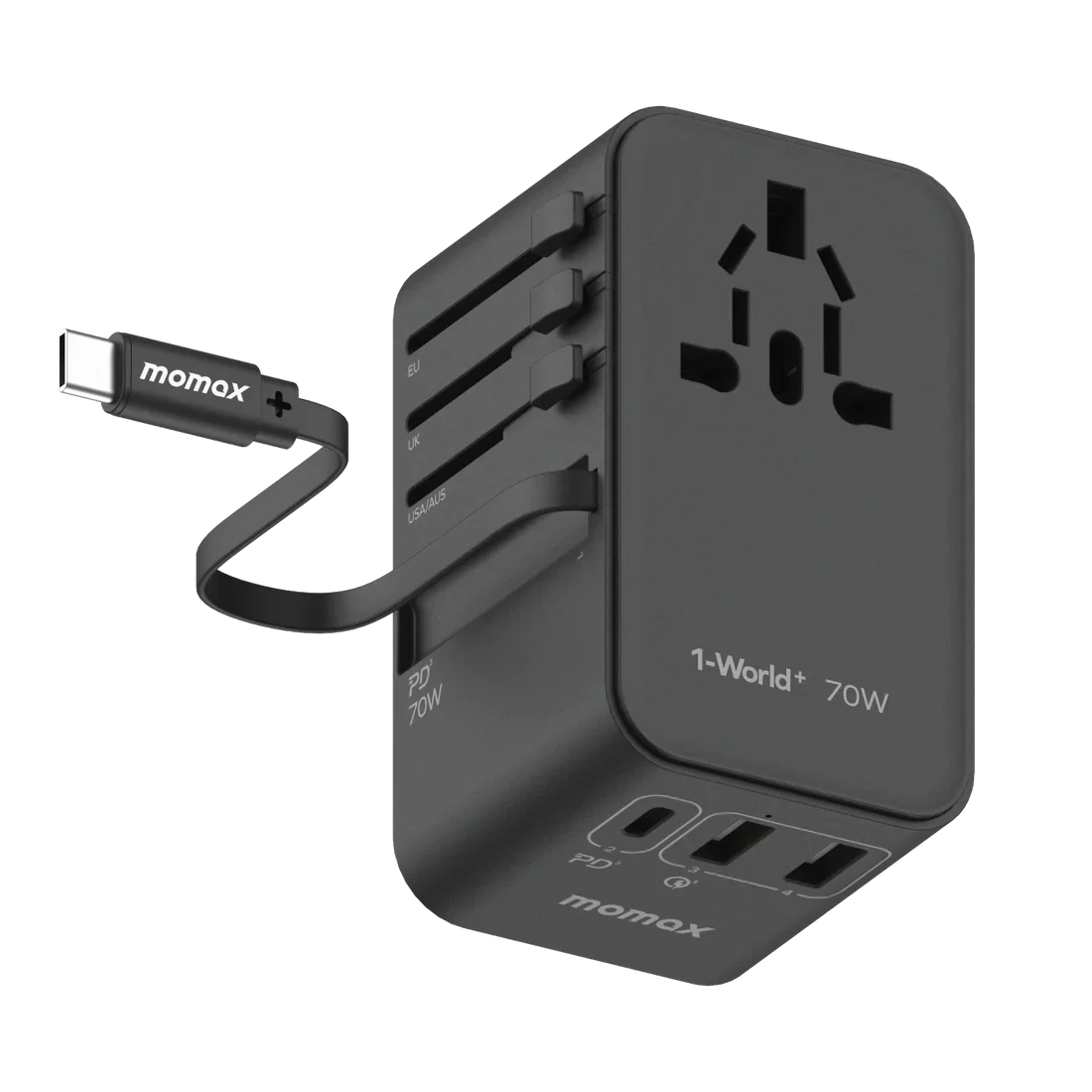 Momax 1-World+ 3-Port Travel GaN Charger With Built-in USB-C Cable 70W