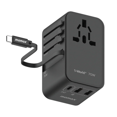 Momax 1-World+ 3-Port Travel GaN Charger With Built-in USB-C Cable 70W