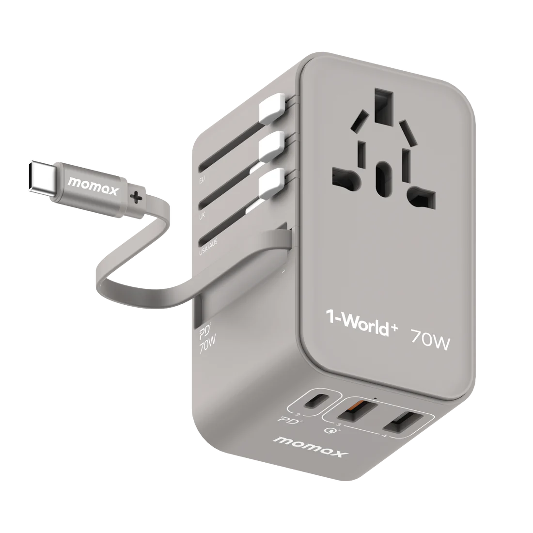 Momax 1-World+ 3-Port Travel GaN Charger With Built-in USB-C Cable 70W