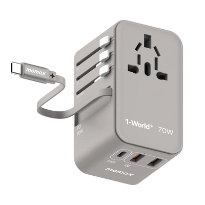 Momax 1-World+ 3-Port Travel GaN Charger With Built-in USB-C Cable 70W