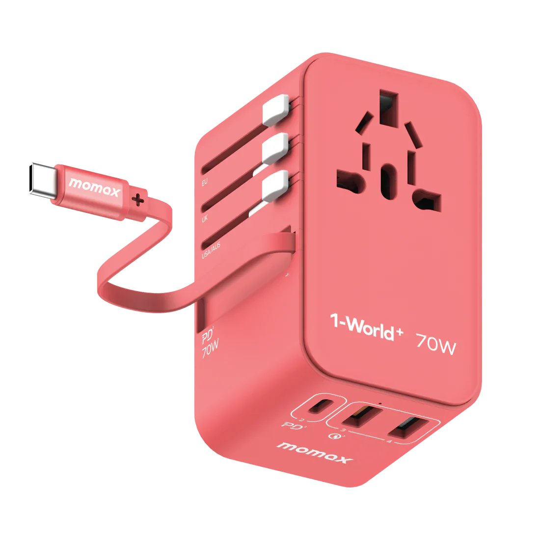 Momax 1-World+ 3-Port Travel GaN Charger With Built-in USB-C Cable 70W