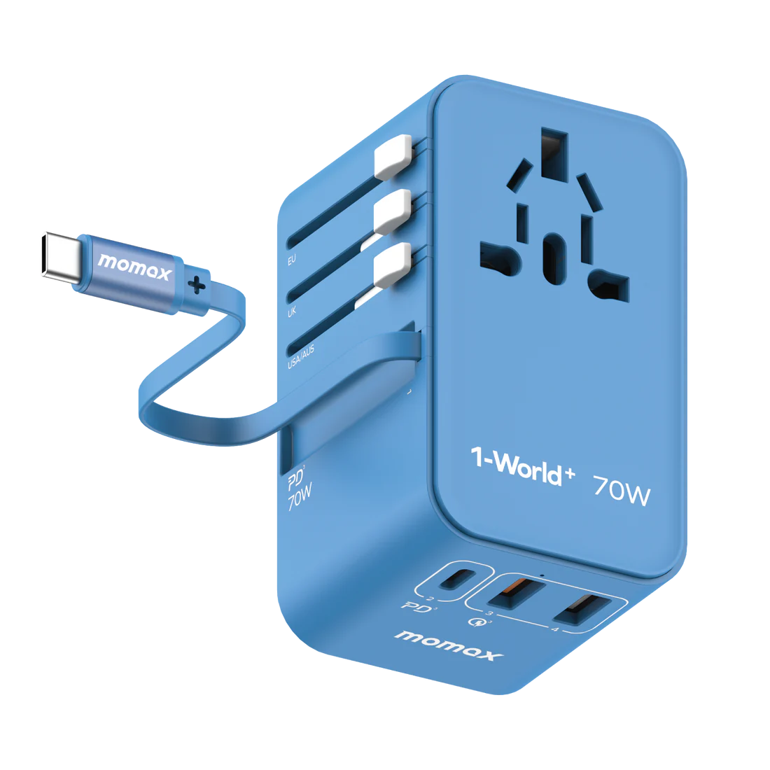 Momax 1-World+ 3-Port Travel GaN Charger With Built-in USB-C Cable 70W