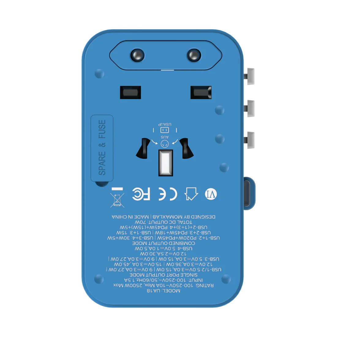 Momax 1-World+ 3-Port Travel GaN Charger With Built-in USB-C Cable 70W