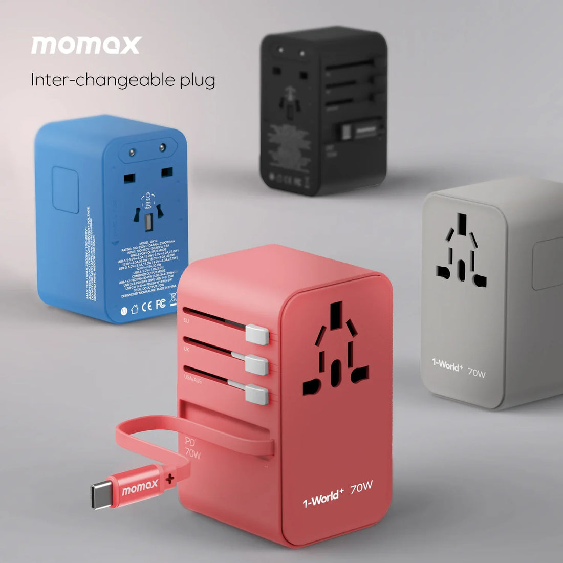 Momax 1-World+ 3-Port Travel GaN Charger With Built-in USB-C Cable 70W