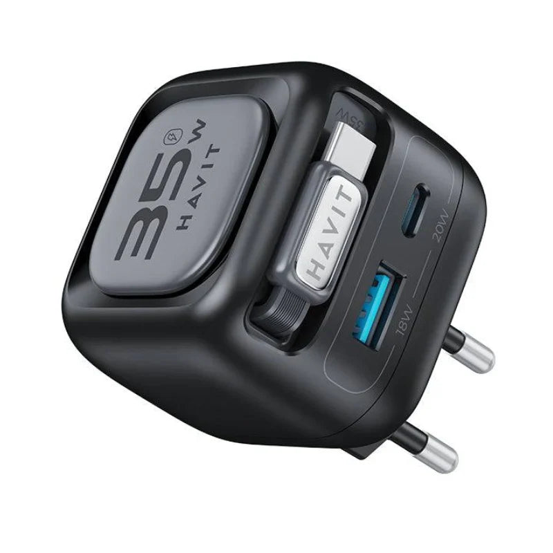 شاحن هافيت UC250 المتكامل (Havit) - الموديل UC250 شاحن سفر 35 واط بتقنية GaN: كيبل قابل للسحب وشاحن ساعة مدمج