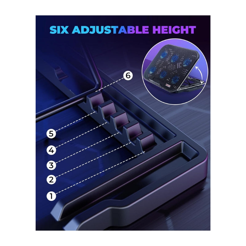 ستاند تبريد الحاسوب Havit F2076 تبريد موجه للألعاب:  5  مراوح، إضاءة  RGB ، و  6  مستويات لضبط الارتفاع