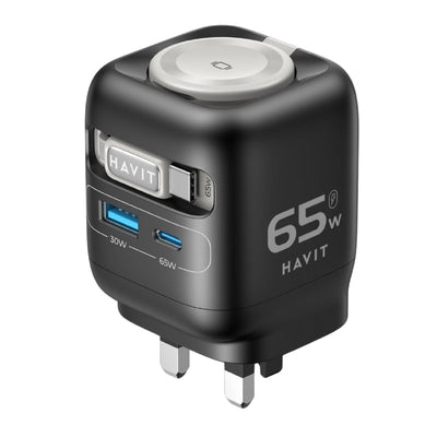 شاحن هافيت GaN المتكامل (Havit) - الموديل UC252 قوة 65 واط بتقنية GaN: شاحن سفر 4 في 1 للابتوب والساعة