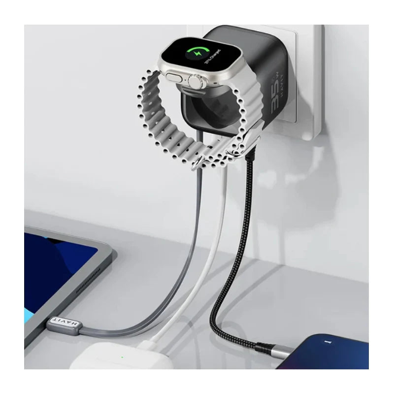 شاحن هافيت UC250 المتكامل (Havit) - الموديل UC250 شاحن سفر 35 واط بتقنية GaN: كيبل قابل للسحب وشاحن ساعة مدمج