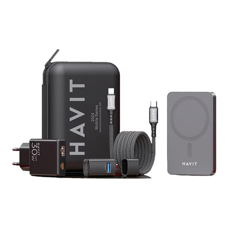 Havit 2024 EU (Power Bank Kit) حزمة  4 -في- 1 : شاحن لاسلكي  20W ، شاحن جداري  30W ، Hub، وكابل  60W