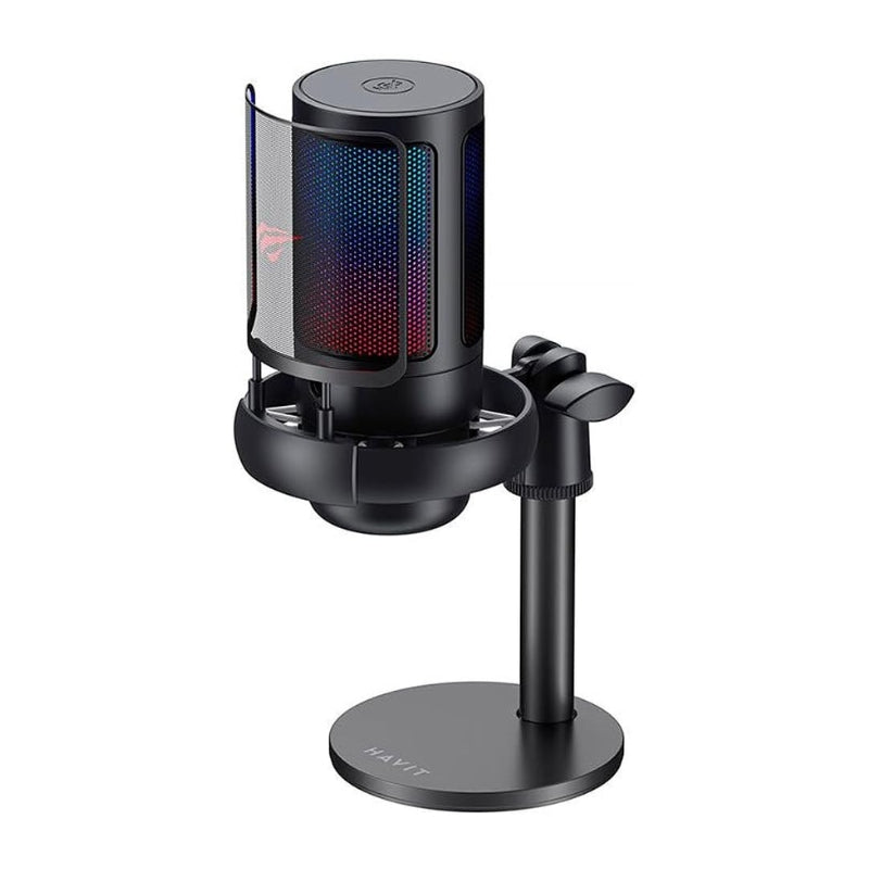 مايكروفون هافيت GK50 Pro الاحترافي (Live Microphone) تسجيل عالي الدقة (192kHz/24bit) مع ذراع مفصلي وإضاءة RGB