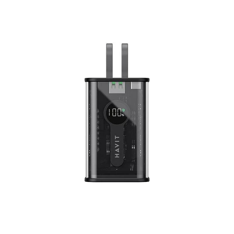 شاحن الطوارئ Havit PB94 ( 10,000mAh ,  22.5W ) - مع كابلات مدمجة الباور بانك المتكامل: كابل  USB-C  وكابل  Lightning  مدمجان وشاشة  LED
