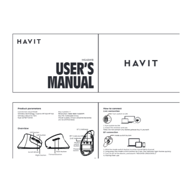ماوس Havit MS45WB اللاسلكي ( Dual Mode ) الماوس المتعدد:  7  أزرار،  DPI  قابل للتعديل، واتصال مزدوج ( 2.4GHz+BT 5.0 )
