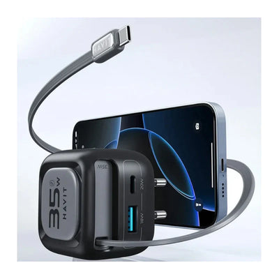 شاحن هافيت UC250 المتكامل (Havit) - الموديل UC250 شاحن سفر 35 واط بتقنية GaN: كيبل قابل للسحب وشاحن ساعة مدمج