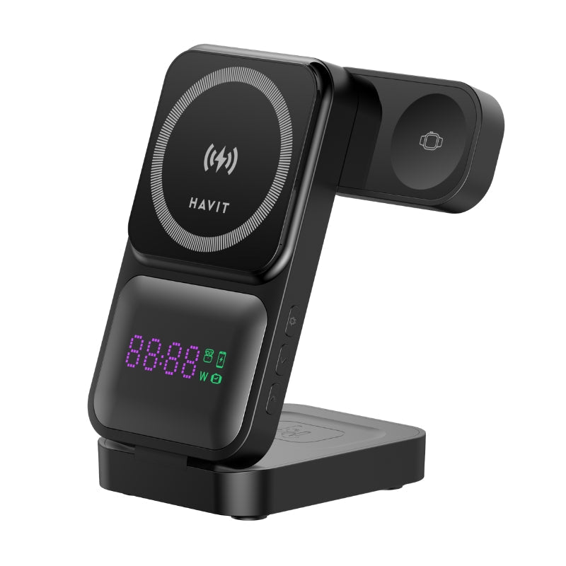 شاحن هافيت اللاسلكي 3 في 1 (Havit) - الموديل W3107 محطة شحن أنيقة: هاتف، ساعة، وسماعات في تصميم واحد عمودي