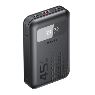 شاحن الطوارئ Havit PB5211 ( 10,200mAh ,  45W ) - مع كابلات مدمجة أداء  45W ، تصميم مدمج، وكابلات  USB-C  و  Lightning  مدمجة