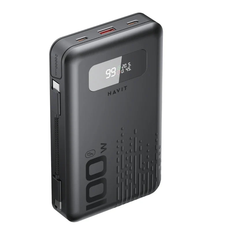 شاحن الطوارئ Havit PB5212 ( 20,000mAh ,  100W ) - مع كابلات مدمجة الباور بانك اللابتوب:  100W  إخراج، سعة  20,000mAh ، وشاشة  LED  ذكية