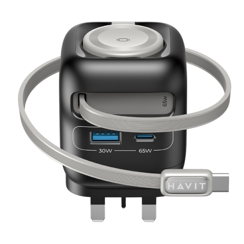 شاحن هافيت GaN المتكامل (Havit) - الموديل UC252 قوة 65 واط بتقنية GaN: شاحن سفر 4 في 1 للابتوب والساعة